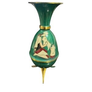 Vintage Brass Enamel Hand Painted Ornate Vase Jerusalem Israel Green Signed